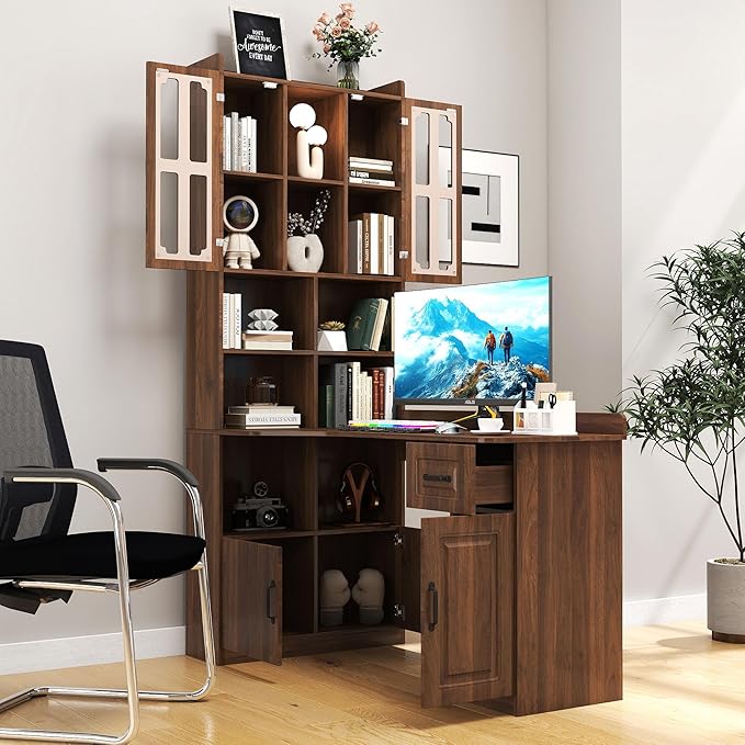 l Shaped Desk with Hutch &amp Drawers Small Corner Desks for Small Space Home Office Farmhouse Desk and Bookshelf Combo with Storage (Walnut)