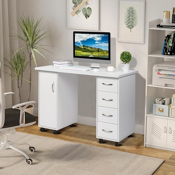 Mobile Computer Desk Rolling Office Table Rolling Computer Desk with Drawers and Door Home Office Desk Writing Table Executive Desk Student Desk with File Drawer for Bedroom White 110 x 45 x 80CM