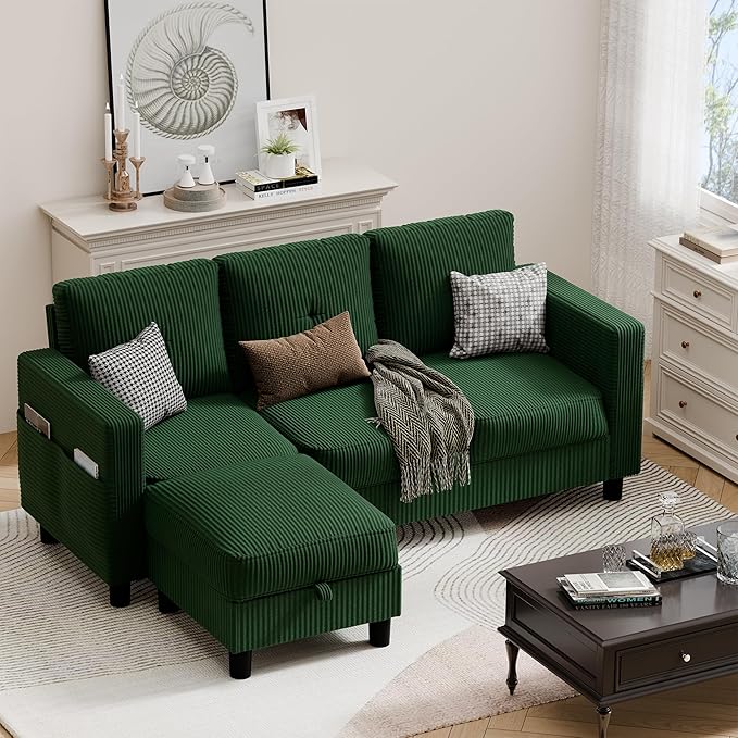 JAMFLY Convertible Sectional Couches for Living Room L-Shaped Couch 3 Seat Sectional Sofa Set with Polyester Fabric and Movable Ottoman Small Couch for Apartments OfficeGreen