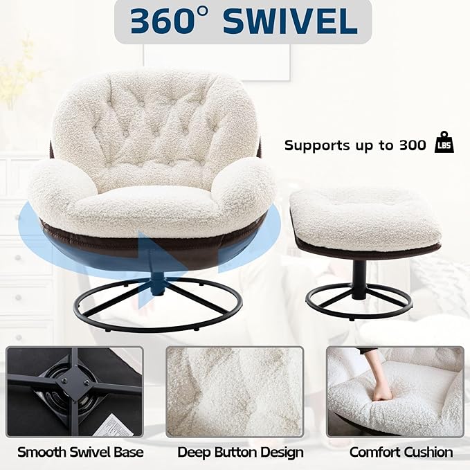 Swivel Sherpa Accent Chair with Ottoman Mid Century Modern Lounge Chair with Footrest Comfy Reading Chair with 360 Degree Metal Base for Small Space/Living Room/Bedroom White Fur