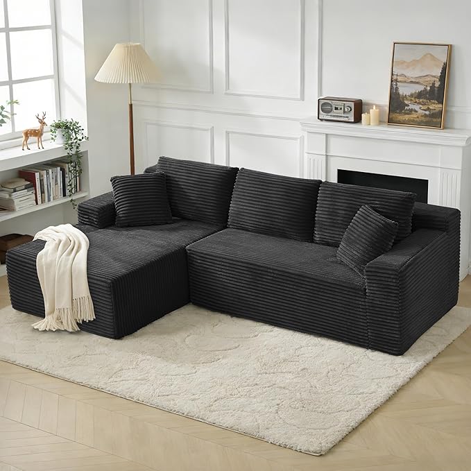 KIVENJAJA 103 Black Boneless Couches for Living Room L-Shaped Cloud Sectional Sofa with Chaise Corduroy Foam Compression Modular Set for Apartment Home Office No Assembly Required