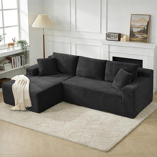 KIVENJAJA 103 Black Boneless Couches for Living Room L-Shaped Cloud Sectional Sofa with Chaise Corduroy Foam Compression Modular Set for Apartment Home Office No Assembly Required
