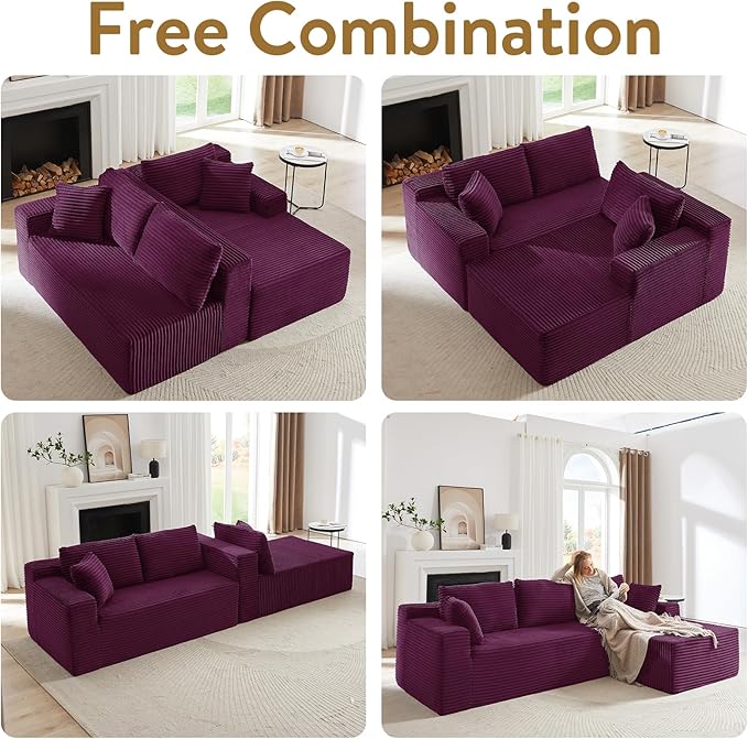 103 Cloud Sectional Couch with L-Shape Chaise Modern Minimalist Modular Sectional Sofa Fluffy Corduroy Upholstered Couches for Living Room No Assembly Required (Purple Right Facing Chaise)