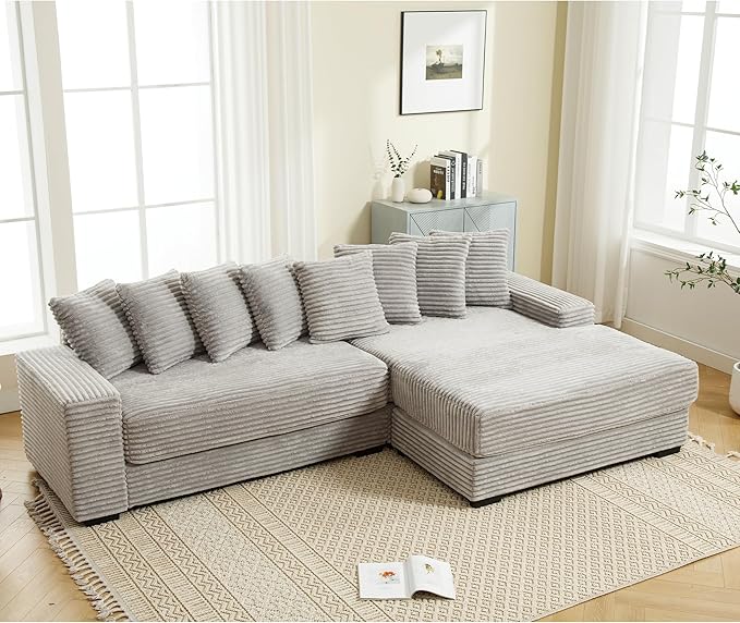 111 Inch Cloud Sectional Couches for Living Room | L-Shaped Sectional Couch with 8 Pillows | Corduroy Couch with Deep Seat | Solid Wood Frame Sofa Light Grey (Right Facing Chaise)