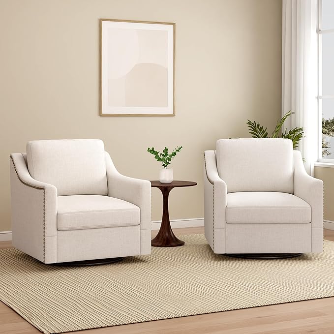 Swivel Accent Chairs for Living Room 360° Swivel Upholstered Club Armchairs with Nailhead Trim Metal Swivel Base Linen-Textured Fabric – White
