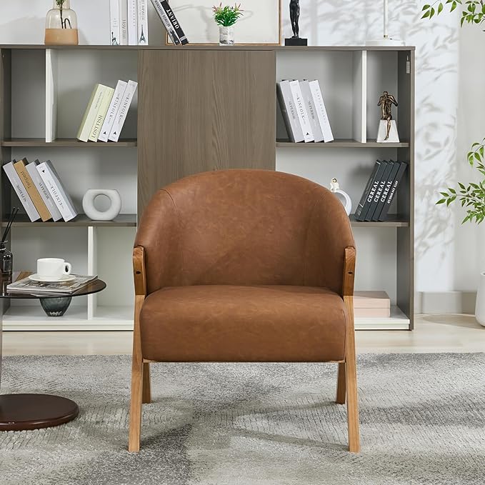 Mid Century Modern Chair Upholstered Accent Chair with Wood Frame and Linen Fabric for Living Room Comfortable Reading Armchair in Grey Easy Assembly