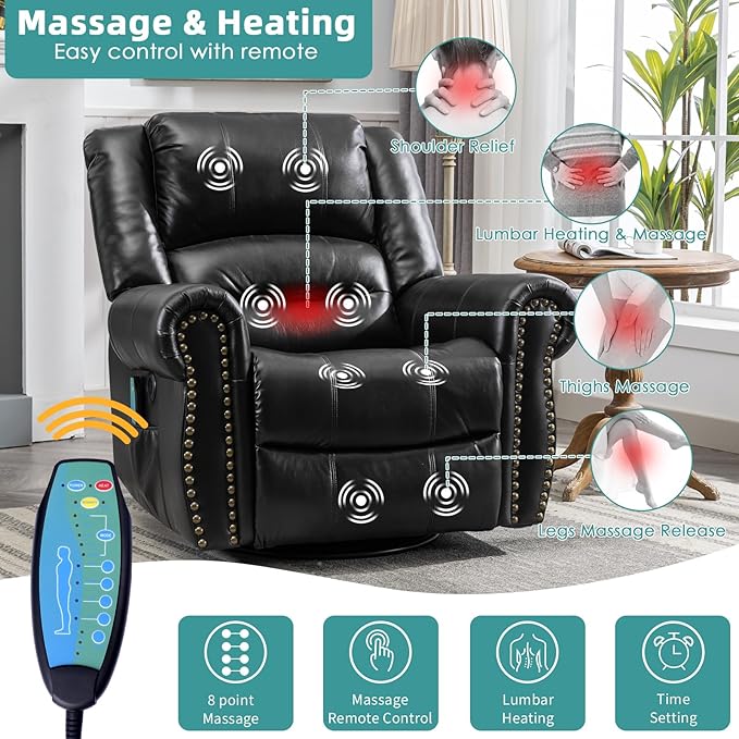 MEETWARM Massage Swivel Rocker Recliner with Heat and Vibration Manual Glider Rocking Recliner Chair 360°Swivel Lounge Reclining Chair with Remote Control/USB Ports for Living Room(Black)