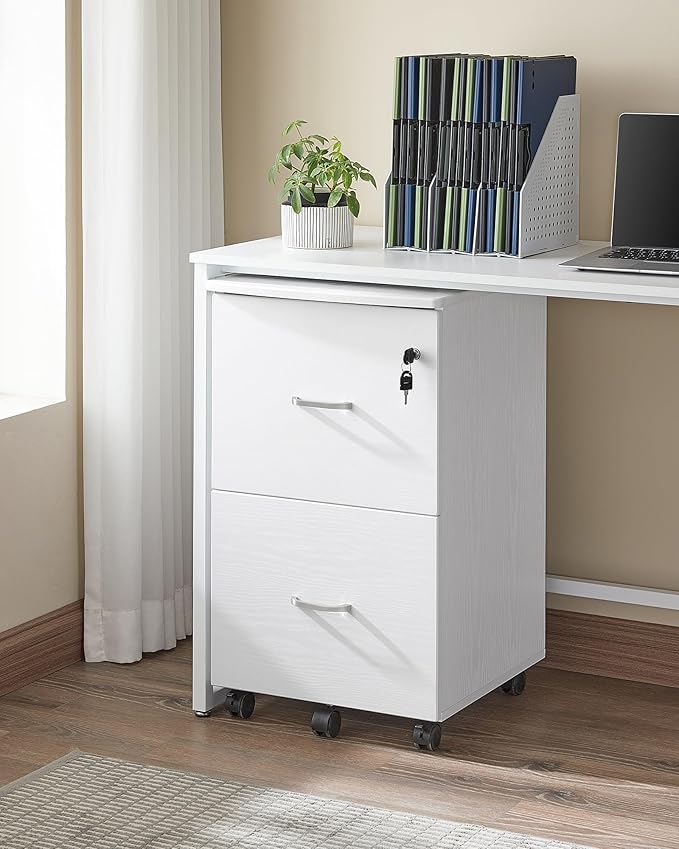 VASAGLE 2-Drawer File Cabinet Locking Filing Cabinet for Home Office Small Rolling Printer Stand A4 Letter-Size Hanging Files Assembly Required Snow White ULCD027T46V2