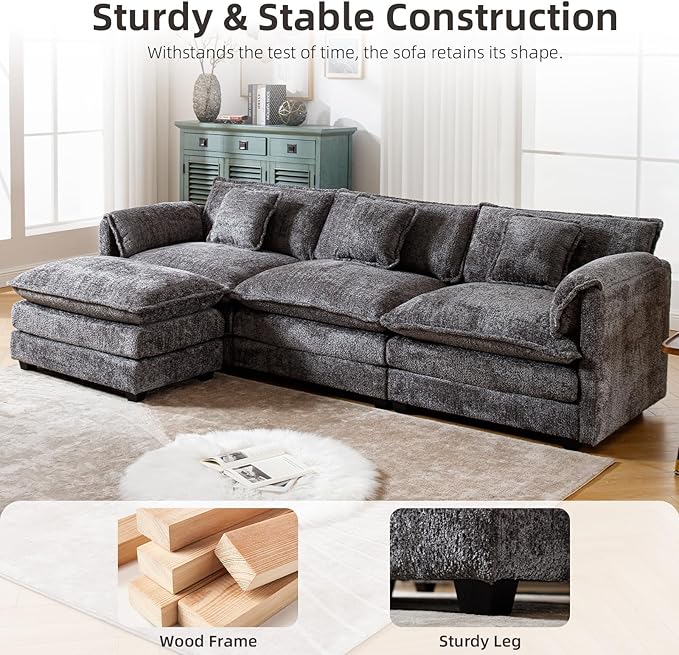 GNIXUU 112 Modular Cloud Couch Sofa Modern Chenille L Shaped Sectional Couches for Living Room Comfy Deep 4 Seater Sofa with Movable Ottoman &amp 2 Pillows(Gray)