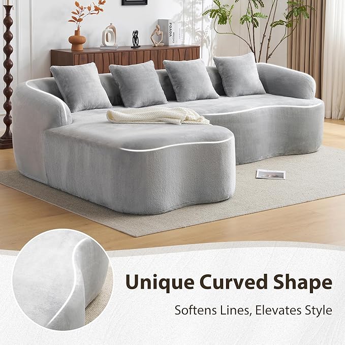 104.7 L-Shaped Modular Sectional Sofa with Curved Chaise 4-Seater Chenille Couch with Deep Seats &amp Wide Armrests Modern Luxury Boneless Cloud Sofa for Living Room Apartment Pearl Grey
