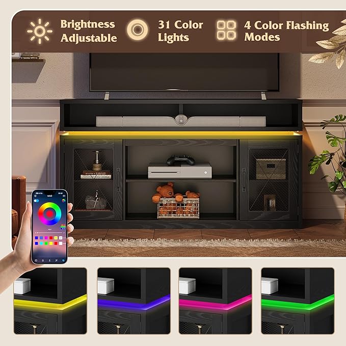 WLIVE Farmhouse TV Stand for TVs Up to 65 Inches Tall Entertainment Center with Storage Cabinets &amp LED Lights Media Console for Living Room Bedroom Home Theater Black