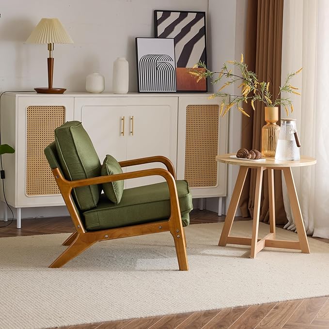 Karl home Accent Chair Mid-Century Modern Chair with Pillow Linen Fabric Upholstered Lounge Arm Chair with Solid Wood Frame &amp Soft Cushion for Living Room Bedroom Balcony Green