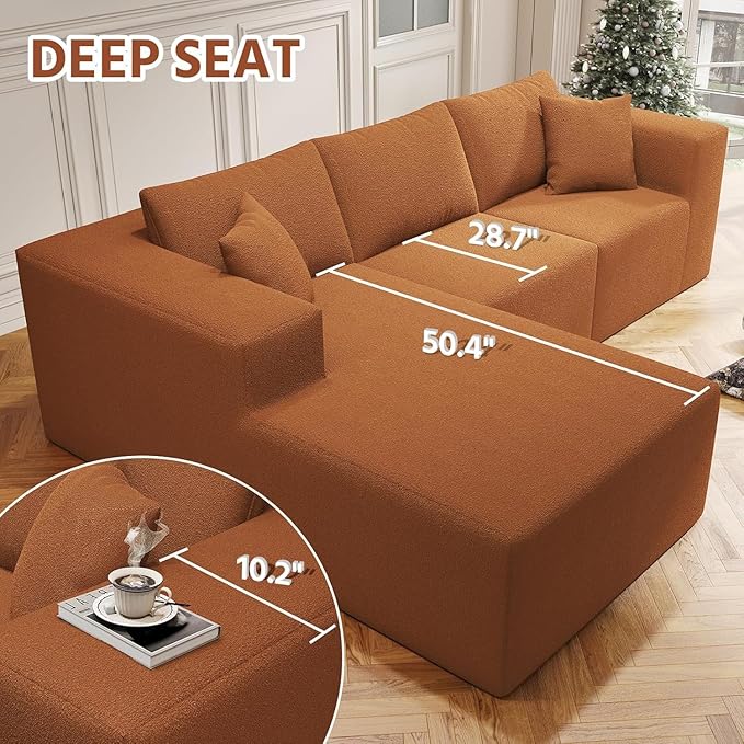108 Cloud Sectional Couch with L-Shape Chaise Boneless Couch 4 Seat Modern Modular Sofa Deep Seat Pillows Memory Foam Upholstered Couches for Living Room Bedroom Relaxation Teddy Fabric