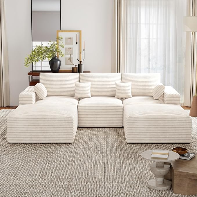 113 U-Shaped Boneless Couch Modern Modular Sectional Sofa with Deep Seat Convertible Corduroy Cloud Couches for Living RoomBeige1 PCS