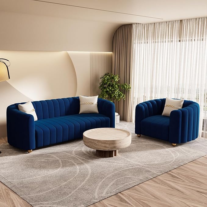 Modern Blue Velvet Sofa Chair for Living Room 42 Single Sofa with Gold Metal Sphere Legs (Blue 1S)