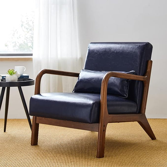 Glitzhome 30.75 H Mid Century Navy Blue Accent Armchair Single Reading Armchair PU Leather Lounge Chair with Walnut Ruberwood Frame