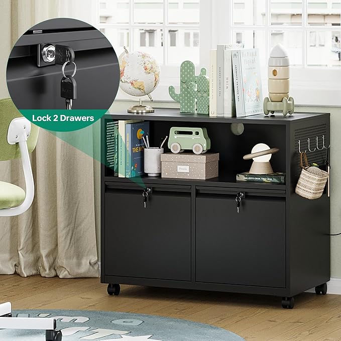 Letaya Mobile 2 Drawer File Cabinet with Lock Metal Lateral Printer Stand Filing Storage Cabinets with Shelves for Home Office-A4/F4/Letter (Black)