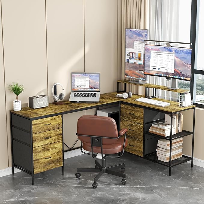 114 L-Shaped Desk with Power Hub 6 Drawers Removable Monitor Stand Industrial Gaming Desk Rustic Brown Home Office