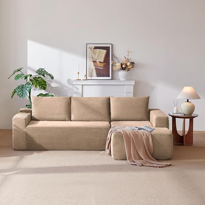 97 Cloud Sectional Couch Modern Boneless Couch with L-Shape Chaise Deep Seat Modular Sectional Sofa Corduroy Corner Foam Couches for Living RoomNo Assembly Required (Camel Right Chaise)