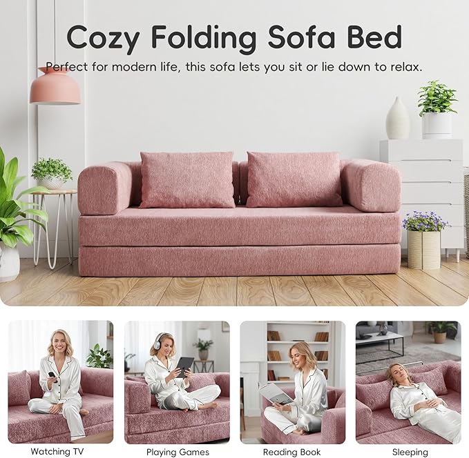 5-in-1 Convertible Folding Sofa Bed 79 Queen Chenille Boneless Couch with Removable Armrests No Assembly Loveseat Sleeper Sofa Modular Futon Couch for Living Room &amp Bedroom (Pink)