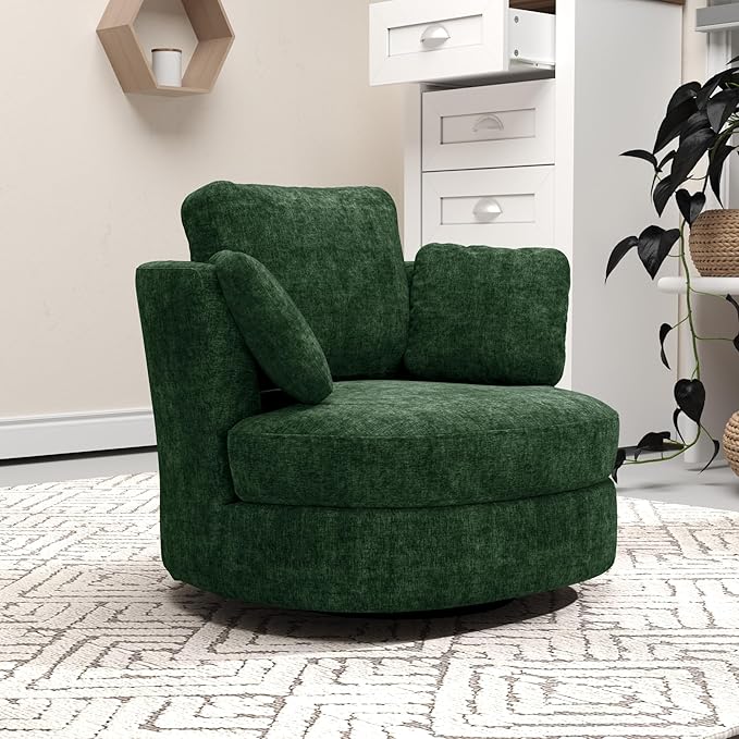 Mlmh &amp Kngwa Oversized Swivel Chair 40 inch Round Swivel Accent Chair with 3 Pillows Modern Barrel Chairs for Living Room Cozy Chenille Chairs for Reading Nook Bedroom Green