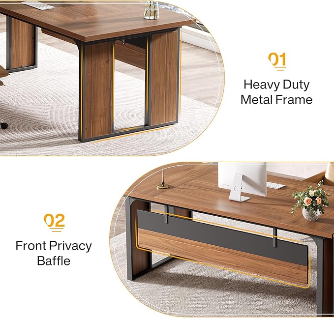 Tribesigns 63‘’ L-Shaped Executive Desk Office Table with 39.37-Inch Drawers Cabinet Large Computer Desk with Storage Shelves Business Furniture Set for Home Office Brown &amp Black