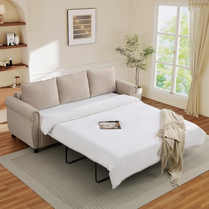 Queen Pull Out Sofa Bed 2-In-1 Pull Out Couch Bed with Memory Foam Mattress &amp Riveted Rolled Armrests 3 Seater Convertible Sleeper Sofa Foldable Couch for Living Room Bedroom Apartment(Beige)