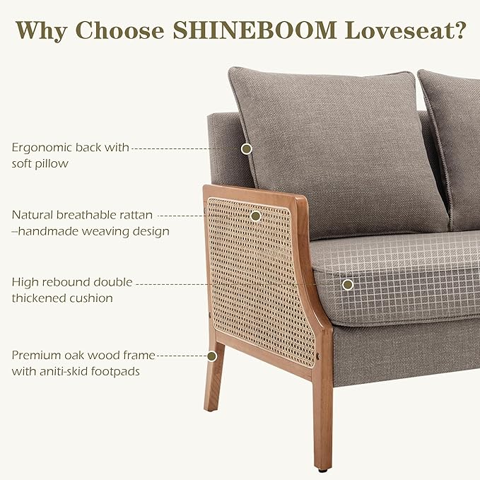 Loveseat Sofa Couches with Rattan Arms and Pillows for Living Dining Room Bedroom Office Entryway Small Spaces Taupe