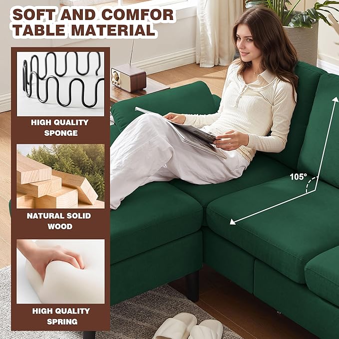 Convertible Sectional Sofa Set 79 Modern L Shaped Couch and 57 Loveseat Linen Upholstered 3 Seat Sofa Couches for Living Room Apartment Green