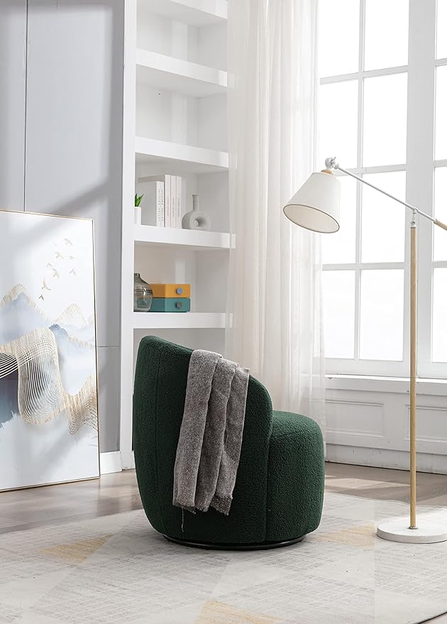 Swivel Barrel Chair Modern Teddy Fabric Swivel Accent Armchair Comfy Round Club Chairs Sofa Arm Chair for Living Room Bedroom Reading Room Apartment Hotel Office Nursery Lounge（Dark Green）