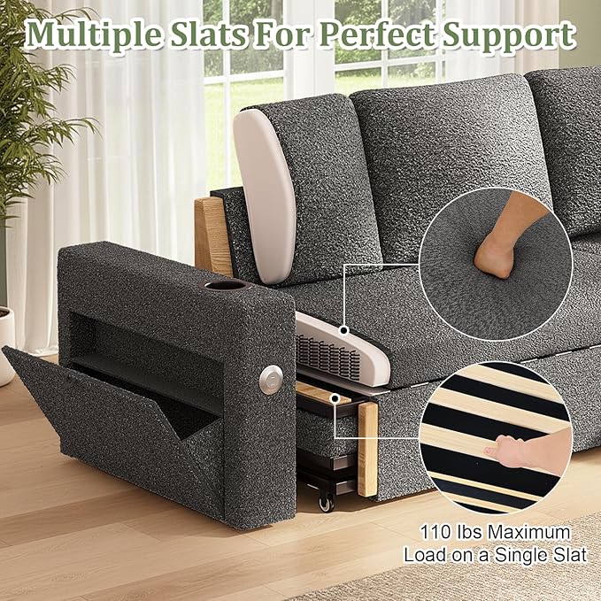82 Inch L-Shape Sectional Couch 4-in-1 Multifunctional Pull-Out Couch Sleeper Sofa with Storage Chaise Charging Station Cup Holder for Living Room/Office/Apartment (Dark Gray)