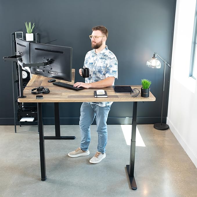 VIVO Electric Height Adjustable 67 x 60 inch Corner Stand Up Desk 2 Reclaimed Wood Solid Table Tops Black Frame Memory Controller L-Shaped Workstation 3E Series DESK-KIT-3E6BP