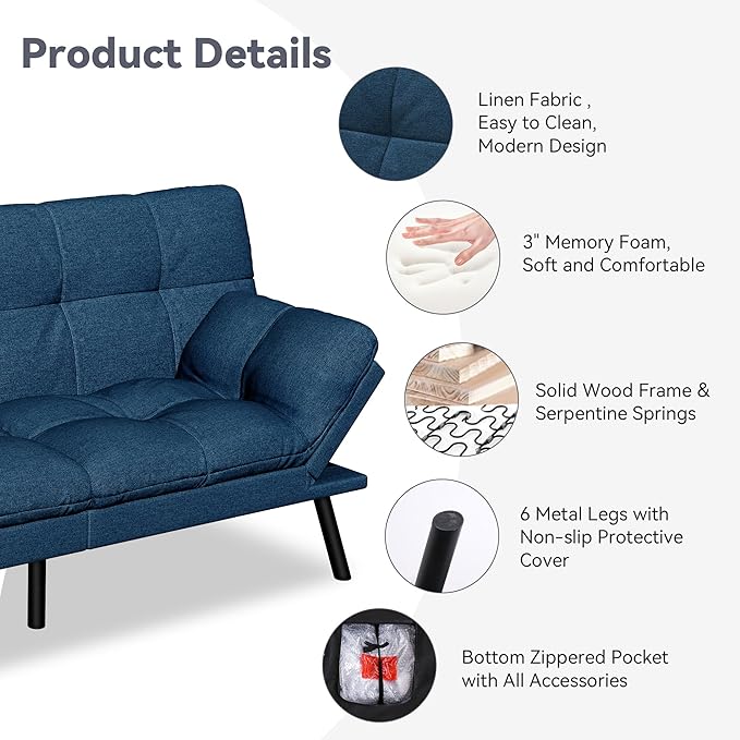 Vyfipt Convertible Futon Sofa Bed 71 Memory Foam Futon Couch with DetachableAdjustable BackrestLinen Fabric Folding Small Loveseat Sleeper for for Living RoomRVOfficeApartmentPure Blue