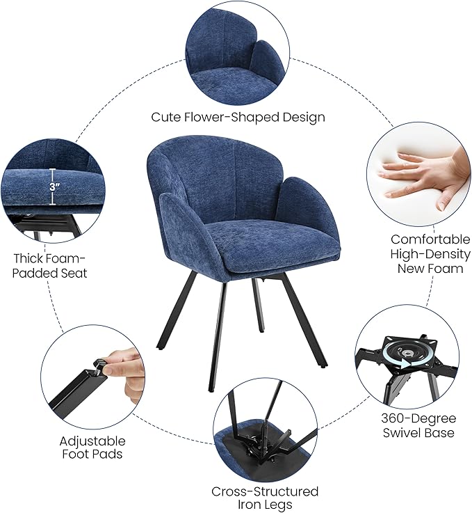Yaheetech Swivel Accent Chair Flower Chenille Armchair Vanity Chair Side Chair with 360-Degree Swivel Base and Seat Cushion for Living Room/Bedroom/Home Office/Makeup Blue Set of 2