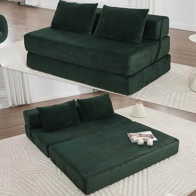 Folding Sofa Bed Full Size Convertible Sleeper Loveseat with 2 Pillows Corduroy Foldable Couch Bed Boneless Loveseat Couch for Living Room Apartment Small Spaces (Green)