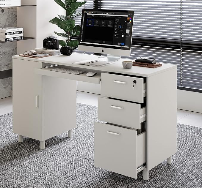 Modern Design Venice Computer Office Desk with 3 Locking Drawers and Storage Cabinet 53 Inch Home and Office Executive White Desk with Keyboard Tray by Crafts and Comfort