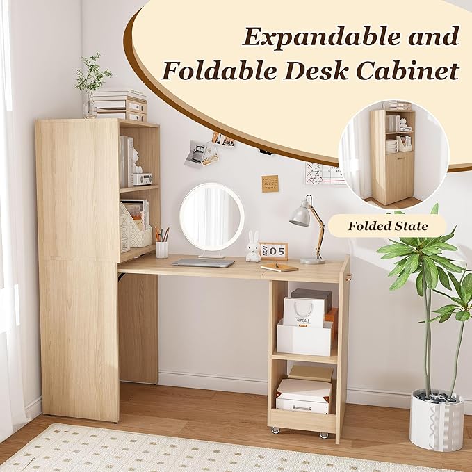 Bamboo Fold Out Desk with Storage Mid Century Hideaway Desk for Small Spaces Folding Computer Desk for Home Office Bedroom Apartment Space Saving (Natural Wood)