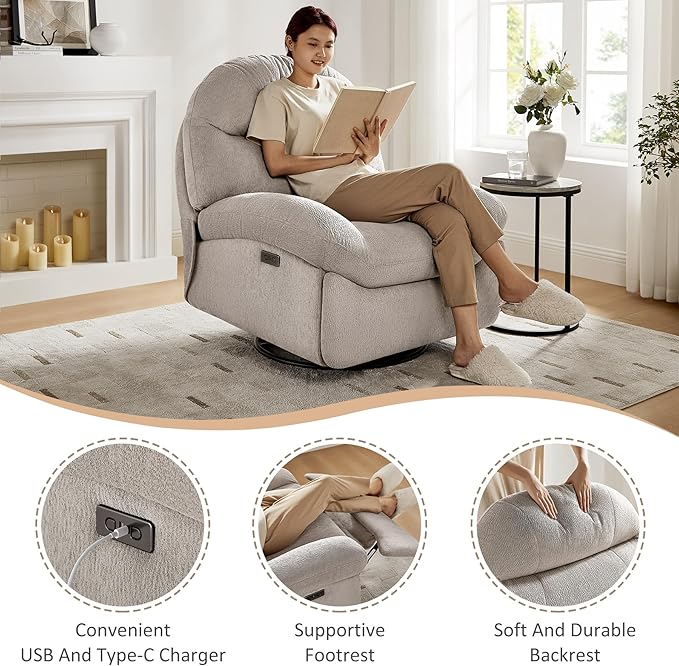 VANOMi Power Recliner Chair with USB &amp Type-C Charging 270° Swivel Glider Rocker Electric Nursery Recliner for Living Room Bedroom and Office Camel