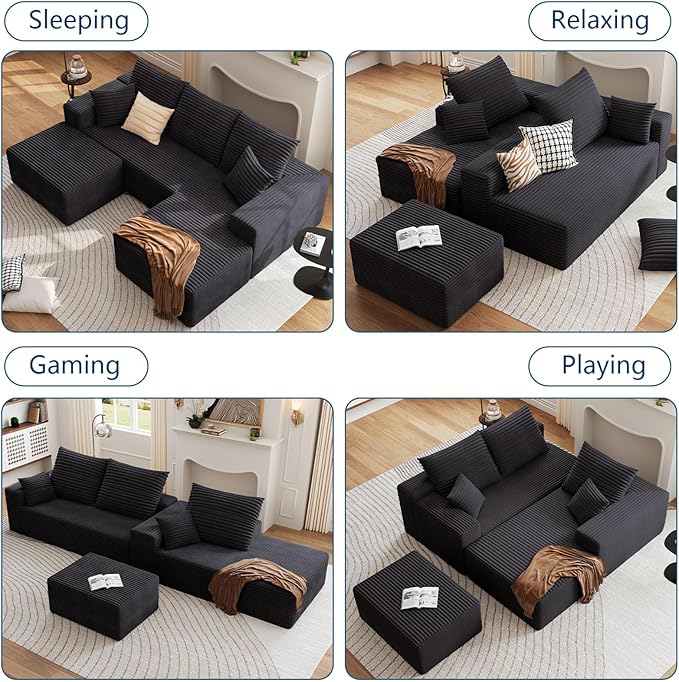107.5 W Modular Sectional Sofa with OttomanModern Corduroy U-Shaped Cloud Couch with PillowsComfy 3-Seater Sofa with Deep-Seat for Living Room No Assembly Required (Black Right-Facing Chaise)