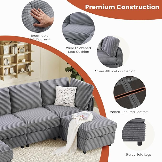 KKL Modular Sectional Sofa Bed with Storage Ottoman Convertible L/U/J-Shaped Sleeper Couch Plush Wide-Wale Corduroy for Living Room Apartment Modern Design Gray