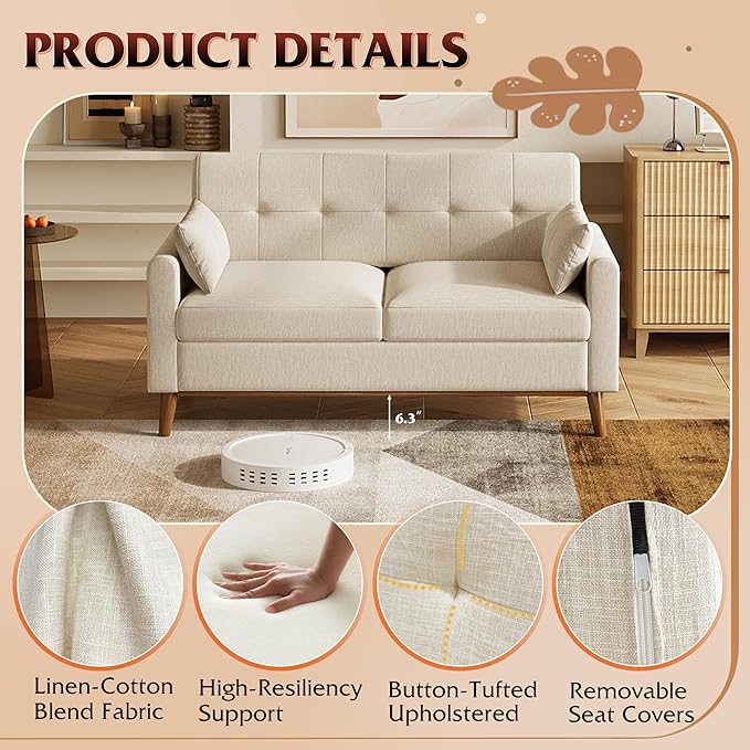 WLIVE 62 Loveseat Sofa Mid Century Modern Small Couches for Living Room Button Tufted Upholstered Couch for Bedroom Solid Wood Frame Easy to Install Furniture Beige