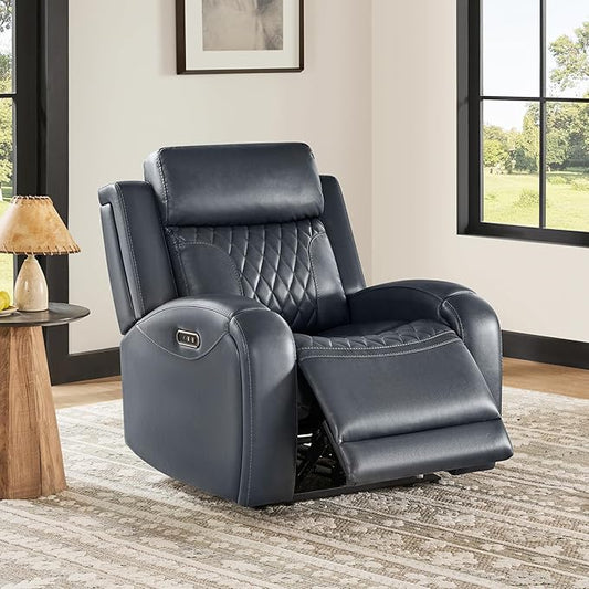 CHITA Genuine Leather Recliner Chair for Adults with Adjustable Power Headrest Lay Flat Power Recliner with Slide-Out Cupholders &amp USB/Type-C Ports Living Room Chair Navy Blue