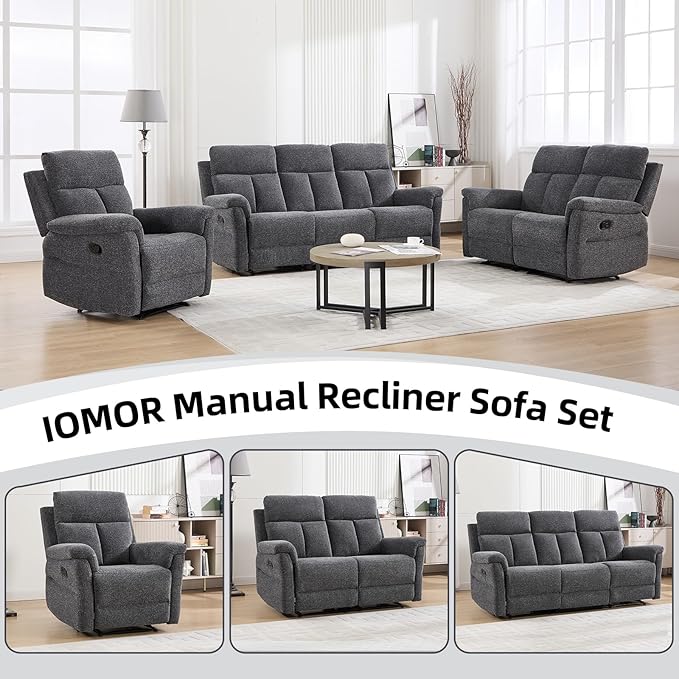 Manual Reclining Sofa 3 Seat Soft Fabric Recliner Couch for Adults with Overstuffed Arms and Back Sofa Recliner for Living Room (Dark Gray)