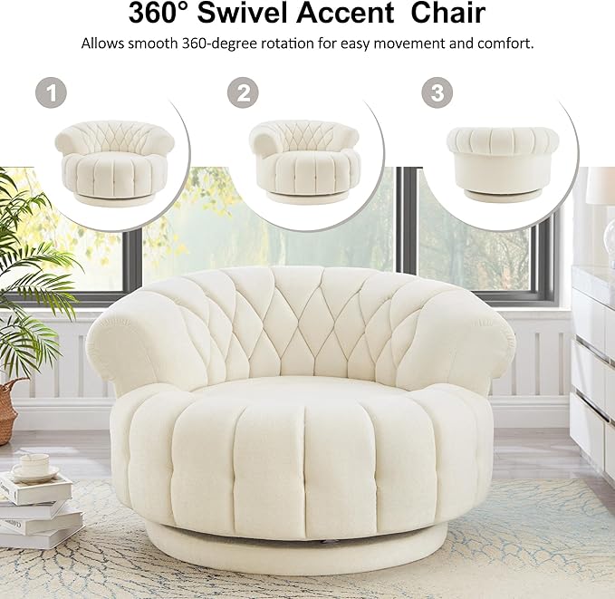 360 Swivel Accent Chair Oversized Round Barrel Club Chair with Diamond-Quilted Back Luxurious Chenille Fabric for Living Room and Bedroom