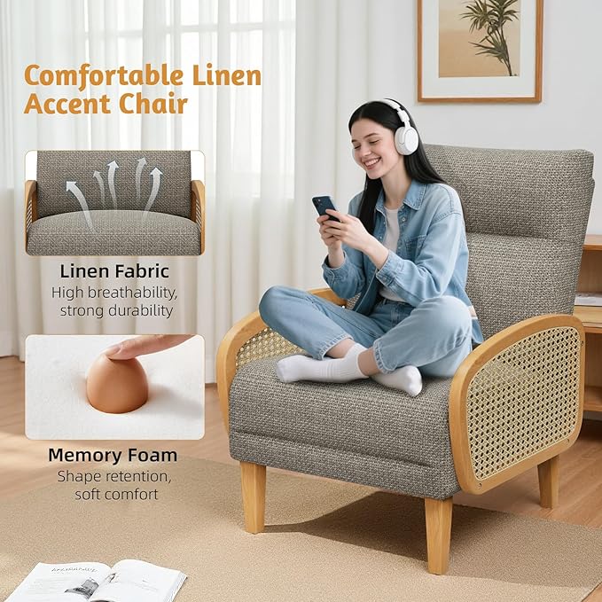 Rattan Accent Chairs Set of 2 Arm Chair with High Resilience Cushion Armchair with Sturdy Ash Wood for Living Room Brownish Gray