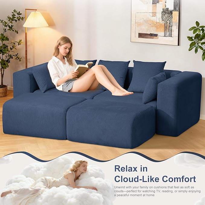Redlife 117” Modular Sectional Sofa with Ottoman L Shaped Modular Couch Large Sectional Couches Corduroy Combination Sofas for Living Room Apartment Bedroom No Assembly Required Blue