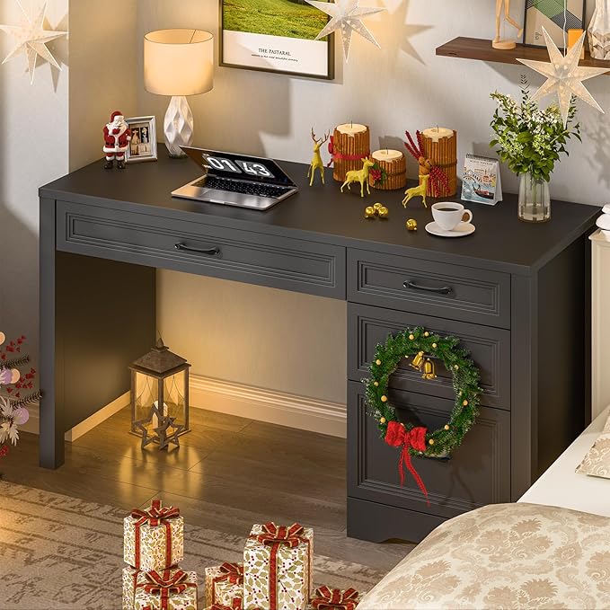 Vabches Farmhouse Executive Desk with Storage and Ample File Drawer Rustic Large Home Writing Desk for Bedroom Pure Black