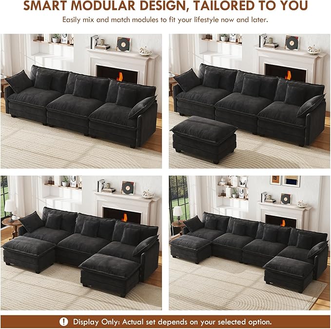 WorthFurni 111.4 Modular Cloud Couch with Ottoman Oversized Deep Seat Sectional Sofa Plush Upholstered 3-Seater Sofa with Pillows for Living Room Bedroom Comfy Modern Modular Couch (Black)