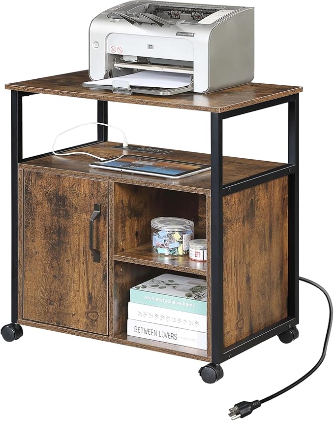File Cabinet Office Filing Cabinets with Socket and USB Charging Port Printer Stand with Storage for A4 Letter Size Metal Side Frame for Home Office
