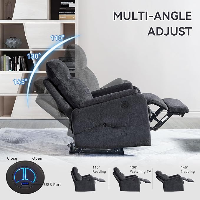 Electric Power Recliner Chair with USB PortFabric Single Sofa Seat Chair Home Theater Seating with Recliner FunctionErgonomic Lounge Chair (Bluish Grey-Massage Compact Design)